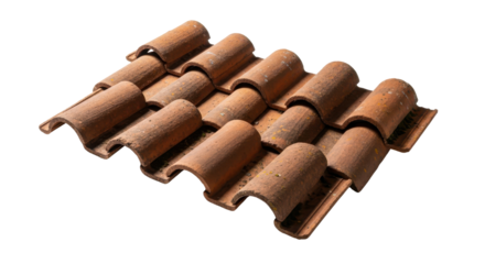 Traditional reddish terracotta clay roof tiles material close-up used for home construction and renovation. isolated PNG with Transparent Background