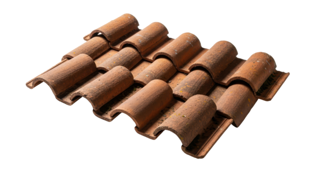 Traditional reddish terracotta clay roof tiles material close-up used for home construction and renovation. isolated PNG with Transparent Background