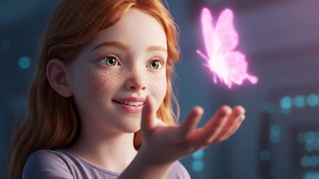 Girl with Glowing Butterfly - A young red-haired girl with freckles is looking up at a glowing pink butterfly hovering over her open hand. The background is dark with blurred lights.