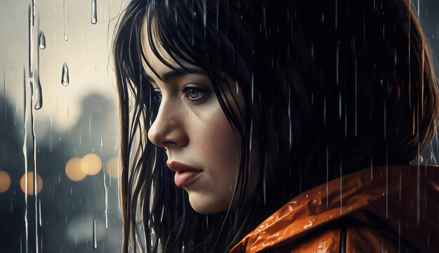 A contemplative figure stands amidst a downpour, with raindrops cascading and a melancholic expression. This artwork captures the raw, unfiltered emotions
