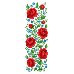 Stylized floral vertical border with red roses, green leaves, and blue decorative elements for textile design isolated PNG with Transparent Background