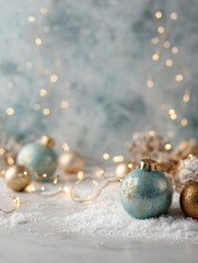 Holiday Baubles: An intimate, eye-level composition of exquisitely crafted holiday ornaments resting gently amidst a dusting of pristine, snow-like substance.