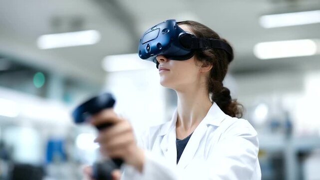 Woman using VR headset and controllers in futuristic laboratory