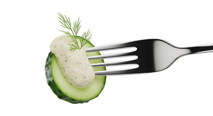 Healthy fresh cucumber snack with creamy yogurt dip and dill on a fork isolated PNG with Transparent Background