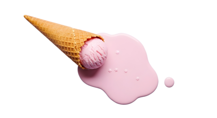 Scoop of pink strawberry ice cream dropped and melting beside a waffle cone, representing failure. isolated PNG with Transparent Background
