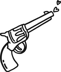 Whimsical cowboy handgun line art doodle. Whimsy cowgirl revolver weapon gun. Vector outline illustration