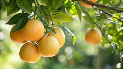 A cluster of ripe grapefruits hanging from a tree branch, illuminated by sunlight, with a blurred background of lush green leaves