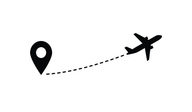 Airplane travel destination icon with dotted line path symbolizing journey from location pin symbol isolated on white background