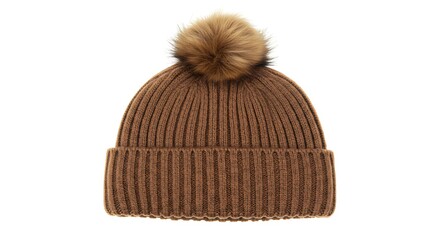 Fototapeta premium Cozy and warm brown beanie hat with a generous turn-up cuff and a soft, fluffy pom-pom