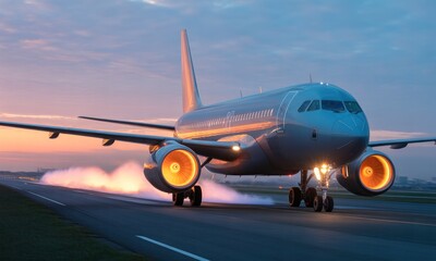 Jet airplane taxiing on runway at sunrise