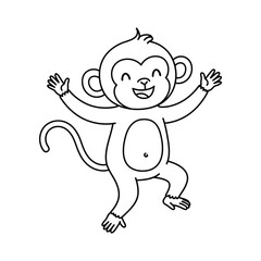 Cute cartoon monkey with arms raised in excitement and a big happy smile isolated on white background line art illustration