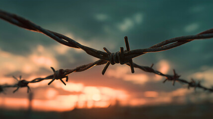 Rusty Barbed Wire Cross: A Somber, Weathered Symbol of War and Remembrance, with a Moody, Cinematic Close-Up.
