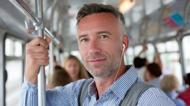 Confident man riding on public bus wearing headphones and striped shirt during daily commute in city - Powered by Adobe