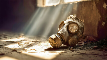 Eerie Post-Apocalyptic Gas Mask Relic Lying on a Dusty, Cracked Concrete Floor with Dramatic Light Rays.