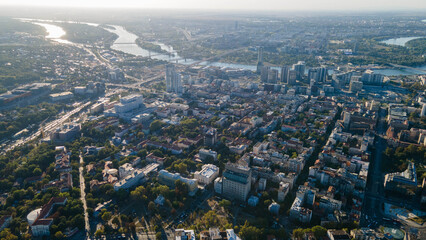 Aerial view of Belgrade Waterfront at sunset with city skyline and river view
