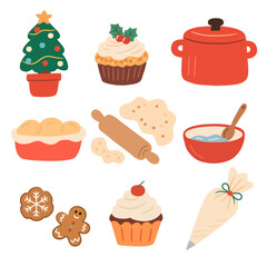 Cozy winter baking illustration set, hand-drawn flat cute style for Winter Holiday Decor