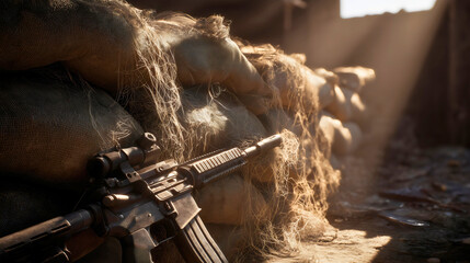 Forgotten Assault Rifle Lies Amidst Dusty Sandbags in an Abandoned Fort, Evoking Moody, Post-Apocalyptic Combat.