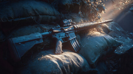 Forgotten Assault Rifle Lies Amidst Dusty Sandbags in an Abandoned Fort, Evoking Moody, Post-Apocalyptic Combat.