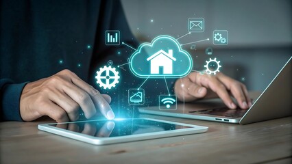 Hands interacting with a digital cloud interface showing smart home technology and data connections