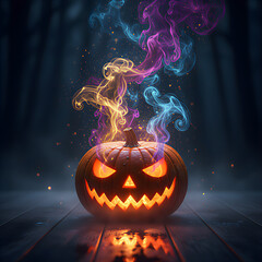 Naklejka premium Pumpkin Releasing Magical Colored Smoke in the Night
