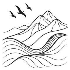 Black abstract wavy mountain line art with birds vector