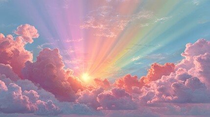 Sunburst through pink clouds with rainbow rays in sky