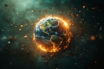 Fototapeta premium Planet Earth surrounded by fiery debris in a dramatic cosmic scene depicting destruction and chaos