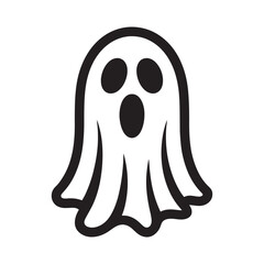 Simple black and white cartoon ghost with wide eyes and open mouth on a white background
