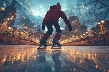 Person skates in skate park at night.