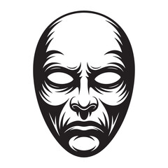 Disturbing black and white illustration of a grimacing human face with empty eyes