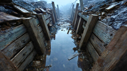 Muddy, Flooded Abandoned Trench from World War Warfare, with Wooden Planks and Debris, Evoking Somber Historical Decay.