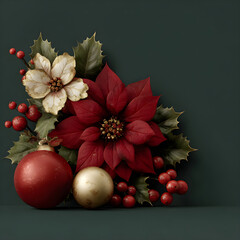 Christmas poinsettia, holly, and ornaments arrangement on dark background