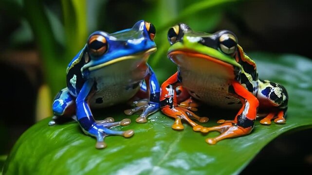 Vibrant frogs resting on leaf in botanical environment