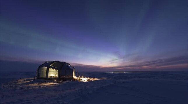 Futuristic Arctic outpost celebrating Christmas, with a glowing shelter in polar twilight beneath vivid northern lights, blending holiday warmth with icy sci-fi wonder in a serene, remote landscape.

