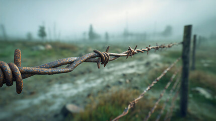 Rusty Barbed Wire Cross: A Somber, Weathered Symbol of War and Remembrance, with a Moody, Cinematic Close-Up.