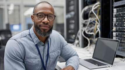 Confident it technician with glasses in data center environment for technology and networking projects