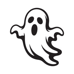 A spooky white ghost with a wide open mouth and black eyes on a white background