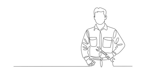 Minimalist continuous one line drawing of a person in work attire holding a tool vector