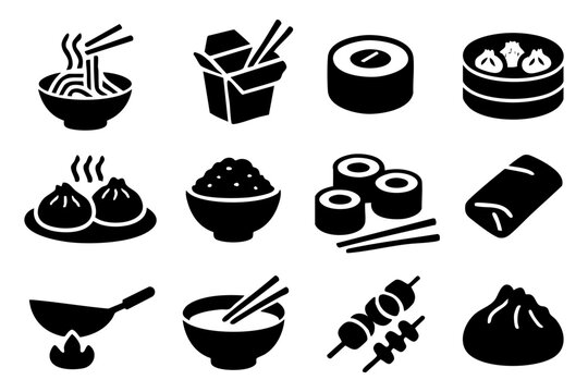 Asian food icon set &ndash; sushi, noodles, rice, traditional cuisine symbols