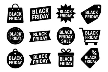 Obraz premium Black Friday icon set – sale, discount, shopping vector illustration