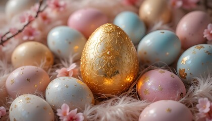 Golden egg glowing among pastel-colored eggs, surrounded by soft feathers and pink blossoms, luxury festive design.