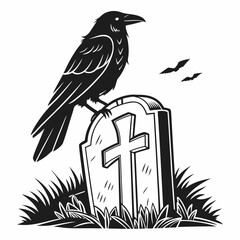 Naklejka premium Black crow perched on tombstone with cross and flying birds