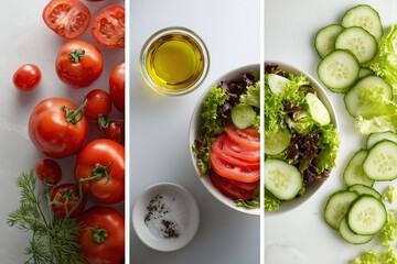 Step-by-Step Recipe Flat-Lay Triptych (3 panels): Vegetable Salad