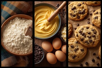 Step-by-Step Recipe Flat-Lay Triptych (3 panels): Chocolate Cookies