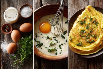 Step-by-Step Recipe Flat-Lay Triptych (3 panels) : Omelet with greens