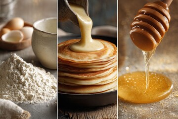 Step-by-Step Recipe Flat-Lay Triptych (3 panels) : pancakes with honey