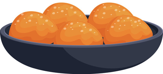 Five golden brown, crispy chicken balls, coated in breadcrumbs, are beautifully arranged on a dark gray, oval serving dish