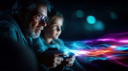 Father and daughter intensely playing a video game on the couch at night, with a dynamic, glowing light effect from the controller