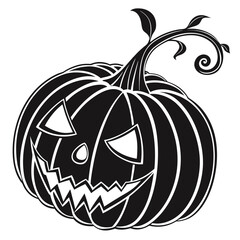 Black pumpkin silhouette icon with carved spooky face and vine