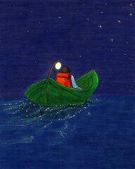 a traveler in the sea with boat made by leaf in the dark night illustration. a hand painted digital art scenery